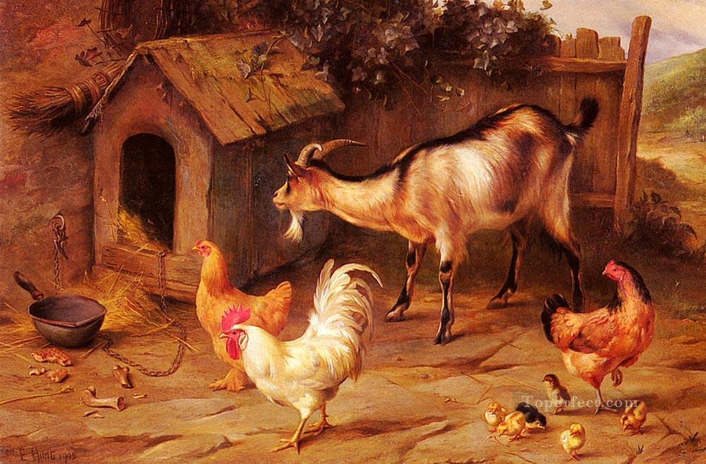 Poussins et chèvres de volaille par un élevage de chien ferme animaux Edgar Hunt Peintures à l'huile